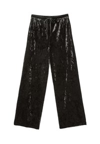 Čierne sametové nohavice s širokými nohavicami a hladkou textúrou, s elastickým pásom. Majú šnúrku na úpravu veľkosti.