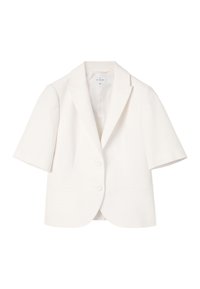 Blazer blanc à manches courtes avec col à revers cranté et deux boutons devant, taille 36, marque Tatuum.