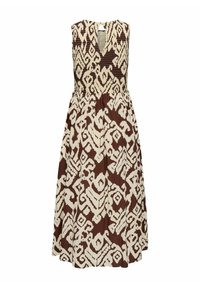Robe midi sans manches avec motif géométrique abstrait marron et beige, décolleté en V, et taille froncée.
