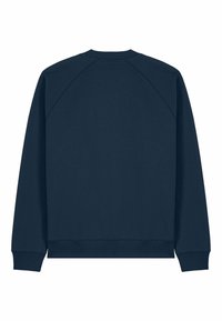 Sweatshirt bleu marine avec un col rond, des manches raglan et des poignets côtelés. Texture lisse sans motifs ni détails en matériel.