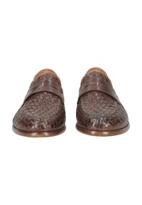 Brown leather loafers with woven texture, elongated shape, and a smooth sole. Features a decorative leather strap across the instep.