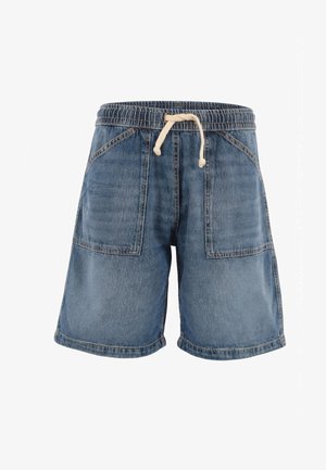 Pantaloncini in denim blu con vita elasticizzata e coulisse bianca, caratterizzati da ampie tasche anteriori a toppa e cuciture visibili.