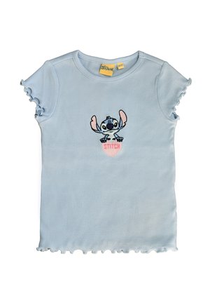 Hellblaues, geripptes Kleinkind-T-Shirt mit Rüschenärmeln und Saum, mit aufgenähtem Cartoon-Charakter Stitch über einem pinken Herz.