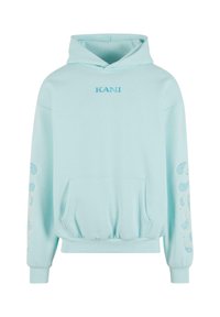 Sudadera con capucha de color azul claro, con un bolsillo frontal, dobladillo acanalado y un detallado patrón paisley en las mangas. Logotipo "KANI" bordado en el pecho.