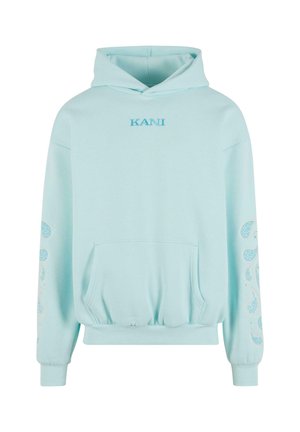 Light blue hooded sweatshirt with a front pocket, ribbed hem, and detailed paisley pattern on sleeves. Embroidered "KANI" logo on chest.