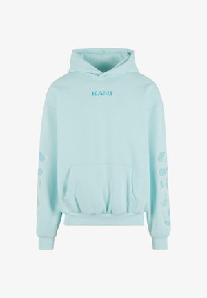 Svetlomodrá mikina s kapucňou, prednou vreckom, rebrovaným lemom a podrobným paisley vzorom na rukávoch. Vyšívané logo "KANI" na hrudi.