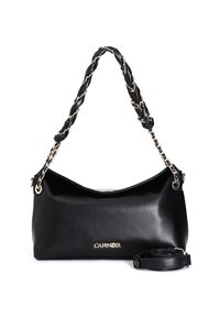 Sort læderhåndtaske med et flet-kædehåndtag, guld-tonede accenter og en justerbar rem. Har en blank, glat tekstur.