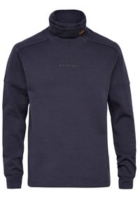 Felpa azzurra scuro con collo alto realizzata in tessuto morbido, caratterizzata da una vestibilità comoda, maniche lunghe e un logo sul petto. Tessuto liscio con dettagli di cucitura.