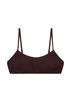 Dark brown textured fabric bralette with thin adjustable shoulder straps and simple, seamless design.