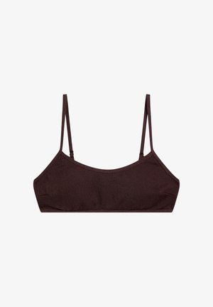Dark brown textured fabric bralette with thin adjustable shoulder straps and simple, seamless design.