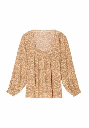 Langærmet beige bluse med hvidt abstrakt mønster, firkantet halsudskæring, løs pasform og gathered manchetter.