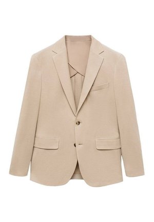 Beige bleiseri, valmistettu sileästä kankaasta, jossa on neliölaput, kaksi etutaskua ja yksinäinen nappi. Vuori näkyvissä.