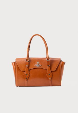 Brown leather handbag with two handles, rectangular shape, silver hardware accents, and diamond-shaped decorative details on the sides.