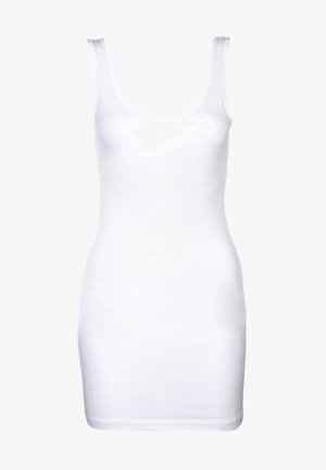 White sleeveless tank top with scoop neckline and fitted silhouette, displayed on a plain white background.