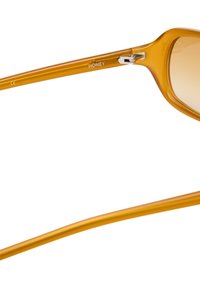 Orange Sonnenbrille mit glänzender Oberfläche, rechteckigem Rahmen und silbernem Scharnierdetail. Mit dem Schriftzug 'HONEY' auf dem Bügel graviert. Leicht getönte Gläser.