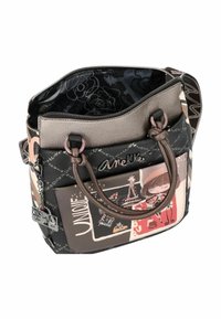 Mehrfarbige Handtasche aus synthetischem Material mit glatter Textur. Verfügt über ein dekoratives Design und einen Reißverschluss, mit doppelten Griffen.