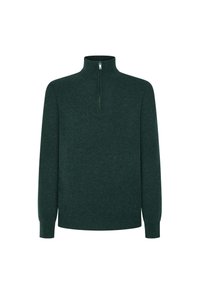 Dunkelgrüner Pullover mit Viertel-Reißverschluss und langen Ärmeln, aus weichem Strickmaterial. Verfügt über einen hohen Kragen sowie Rippbündchen und -saum.