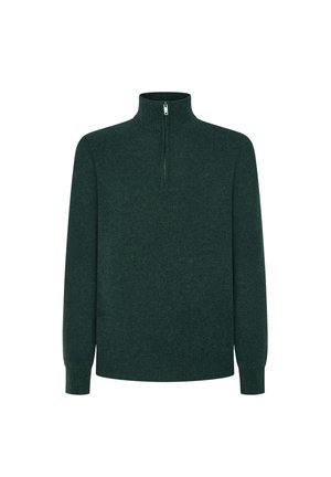 Dunkelgrüner Pullover mit Viertel-Reißverschluss und langen Ärmeln, aus weichem Strickmaterial. Verfügt über einen hohen Kragen sowie Rippbündchen und -saum.