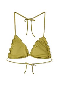 Haut de bikini triangulaire vert olive avec des bords festonnés et des liens ajustables au cou et au dos, fabriqué à partir d'un matériau doux et extensible.