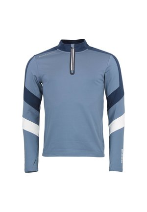 T-shirt de sport à manches longues en bleu clair avec des rayures diagonales bleu marine et blanches, col zippé à quart et tissu lisse et léger.