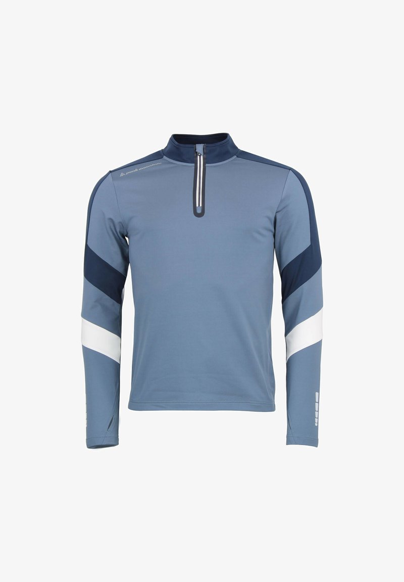 T-shirt de sport à manches longues en bleu clair avec des rayures diagonales bleu marine et blanches, col zippé à quart et tissu lisse et léger.