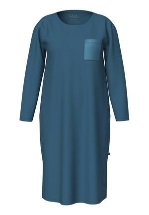 Teal-farbenes Langarmkleid aus weichem Stoff, ausgestattet mit einer Vordertasche und einem runden Halsausschnitt. Schlichte, gerade Silhouette mit minimalen Details.