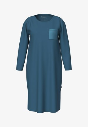 Abito lungo a maniche lunghe di colore teal, realizzato in tessuto morbido, con una tasca anteriore e un collo rotondo. Silhouette semplice e dritta con dettagli minimi.