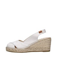 Sandali wedge bianchi in pelle con tacco in juta intrecciata, design open toe e cinturino slingback, caratterizzati da un piccolo accento in pelle con logo.