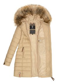 Beige padded coat with faux fur hood, zippered front pockets, and internal label, featuring vertical seams and smooth lining.