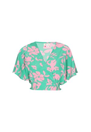 Zelený top s květinovým vzorem v růžové barvě, krátké široké rukávy, hluboký V-výstřih a elastický pas. Hladká látka s lehkou texturou.