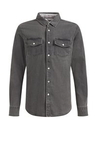 Grå denimskjorta med knäppning fram, två bröstfickor med lock och en klassisk krage. Har vita knappar och sömnadsdetaljer.