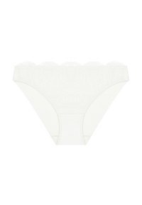 Witte kantenhandschoen met gegolfde randen en een bloemenpatroon op de tailleband. De hoofd stof is glad met een zachte textuur.