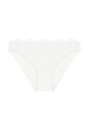 White lace brief with scalloped edges and floral pattern on the waistband. The main fabric is smooth with a soft texture.