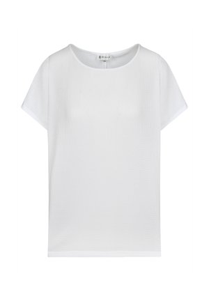 Weißes Kurzarmoberteil aus strukturiertem Stoff, mit rundem Halsausschnitt und lockerer Passform, in einem einfachen, klaren Design.