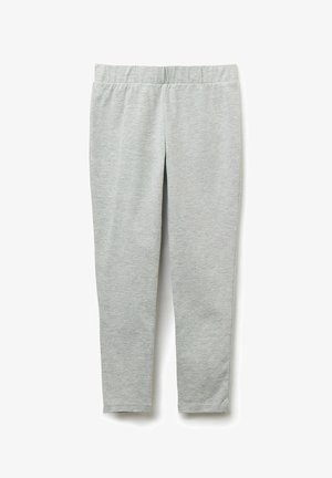 Leggings gris clair en tissu doux et extensible, dotés d'une taille élastique et d'une coupe slim, sans motifs ni embellissements visibles.