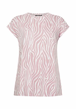 T-shirt met korte mouwen in een ontspannen pasvorm, voorzien van een roze en witte abstracte zebrastripes en een ronde halslijn.