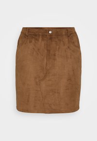 Brun suede mini skjørt med front knappelukking, to side lommer og synlige sømmer. Glatt tekstur og rett skjæring.