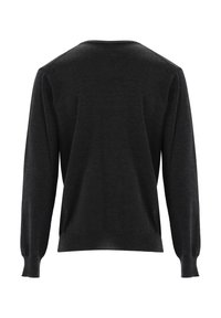 Dunkelgrauer, langärmeliger Pullover mit einfachem Rundhalsausschnitt, weicher Textur, gerippten Bündchen und lockerer Passform. Keine sichtbaren Muster oder Verzierungen.