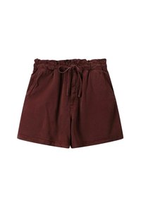 Shorts en coton bordeaux avec une taille élastique, un cordon de serrage, deux poches latérales et un tissu texturé. Longueur mi-thigh.