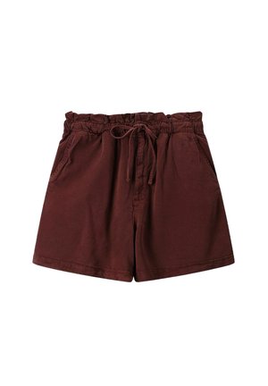 Shorts en coton bordeaux avec une taille élastique, un cordon de serrage, deux poches latérales et un tissu texturé. Longueur mi-thigh.