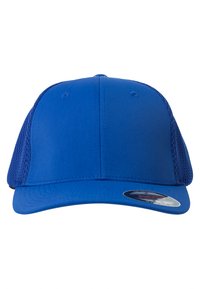 Kék baseball sapka szilárd elülső résszel és hálós oldalsó panelekkel. Ívelt billentyűs és állítható pánt a hátulján. Texturált anyagfelület.