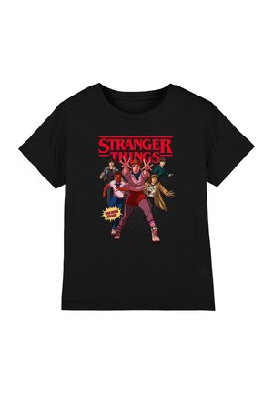 Black t-shirt featuring five animated Stranger Things characters in action poses with red "STRANGER THINGS" text above and "THE FINAL STAND" burst.