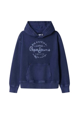 Sweat à capuche bleu marine en coton, doté d'une poche frontale, d'une capuche avec cordon de serrage, et d'un logo imprimé avec du texte dans une teinte plus claire.