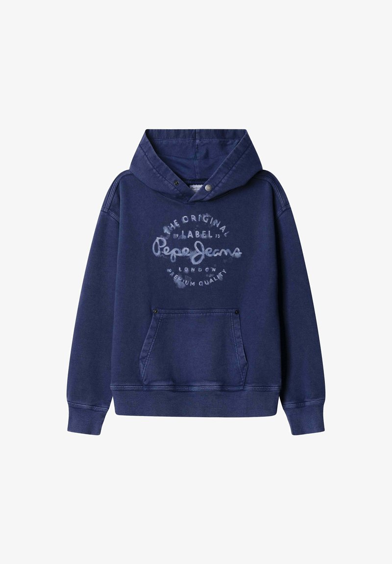 Temno modra bombažna kapucar s sprednjim žepom, z zavezovanjem na kapuci in potiskanim logotipom z besedilom v svetlejši odtenek.