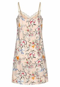 Floral-patterned, lightweight dress in light pink with lace trim at the neckline. Features adjustable spaghetti straps and a relaxed fit.