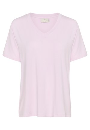 Helles rosa T-Shirt mit V-Ausschnitt und kurzen Ärmeln, aus weichem Stoff. Einfaches Design, ohne Muster oder Akzente, mit gerader Säume.