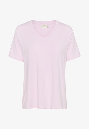 Ljusrosa V-ringad t-shirt med korta ärmar, tillverkad av mjukt tyg. Enkel design, inga mönster eller detaljer, med rak nederkant.