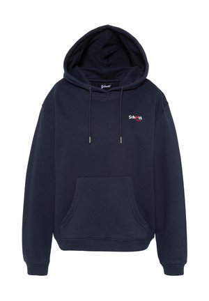 Sweat à capuche bleu marine avec poche ventrale avant, capuche à cordon de serrage, et petit logo "Schott NYC" blanc et rouge sur la poitrine gauche.