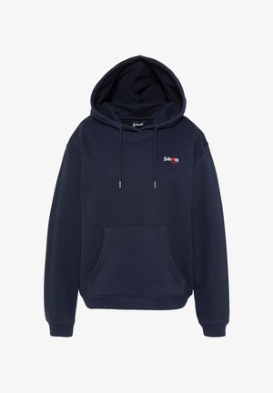 Marineblauer Hoodie mit Fronttasche, Kapuze mit Kordelzug und kleinem weißen und roten "Schott NYC"-Logo auf der linken Brust.