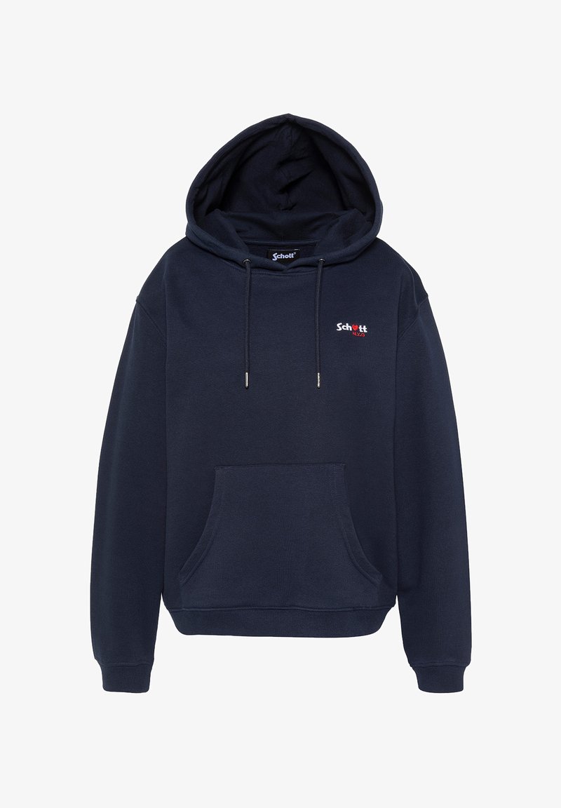 Sweat à capuche bleu marine avec poche ventrale avant, capuche à cordon de serrage, et petit logo "Schott NYC" blanc et rouge sur la poitrine gauche.
